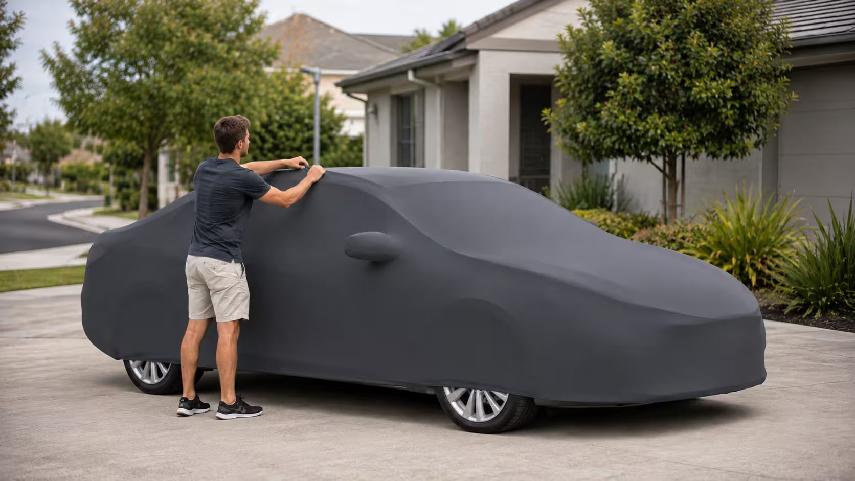 Person fitting a car cover over the roofline of a car in a driveway