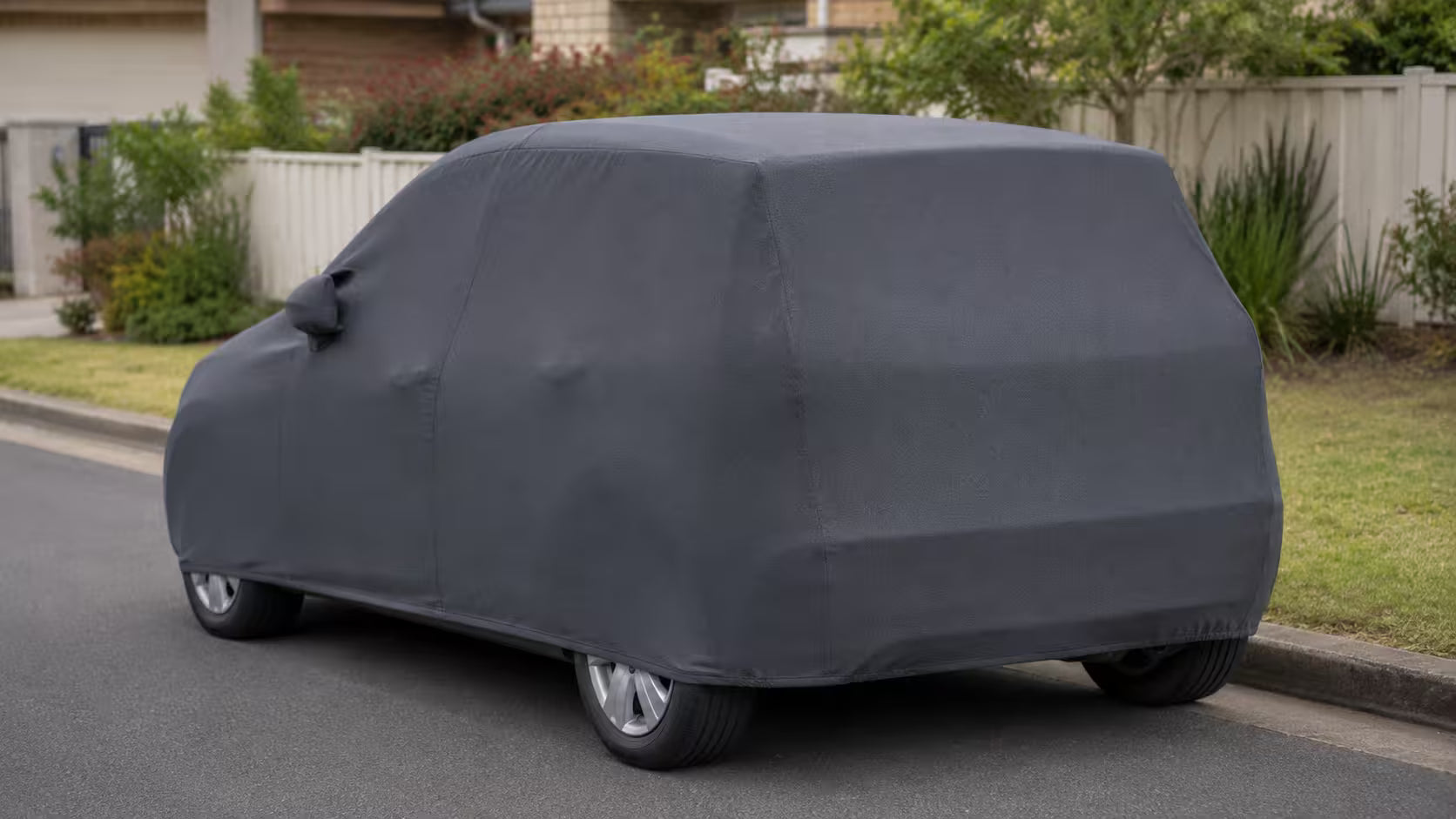 Hatchback under a snug custom fit car cover showing a flush vertical rear