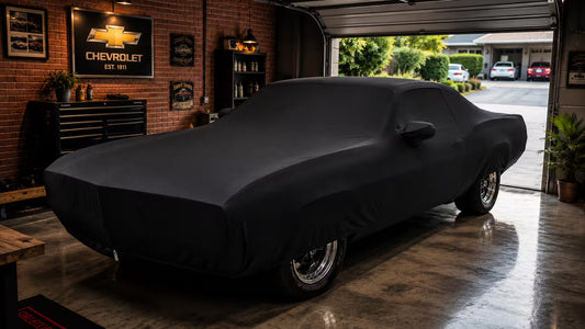 Classic car under a breathable satin indoor car cover in an Australian garage