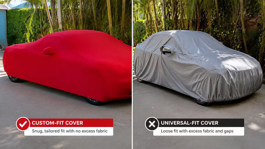 Custom fit car cover with a snug fit next to a loose universal car cover with a visible gap