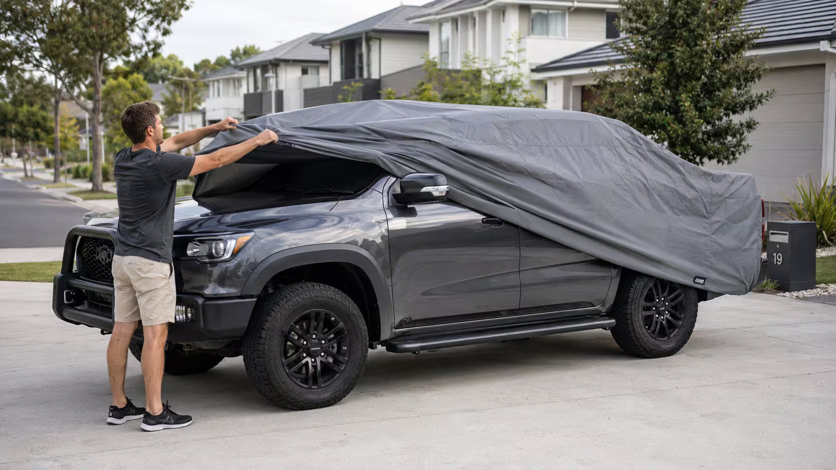 car cover being fitted on a dual-cab ute in Australia