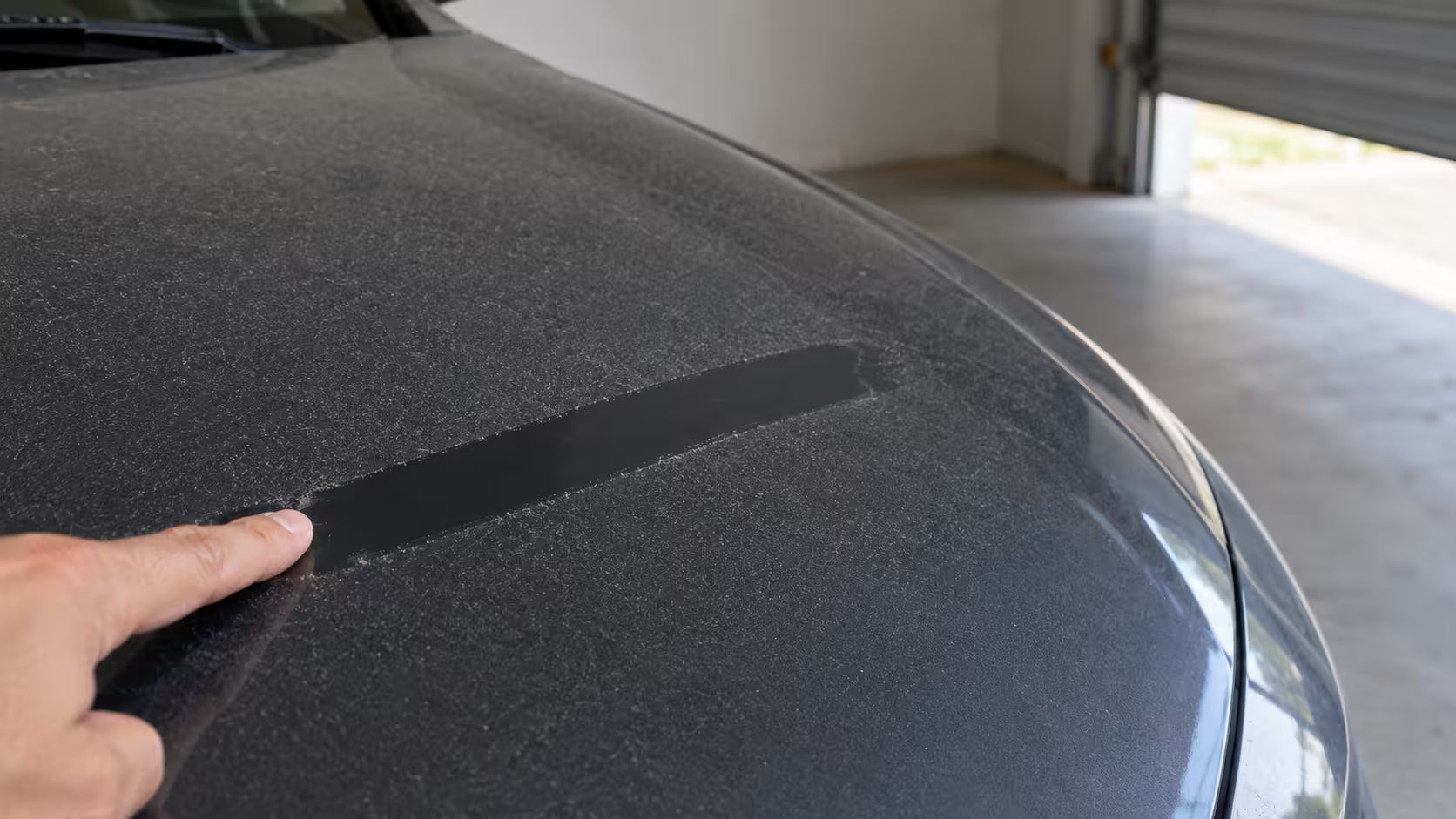 Finger swipe through a layer of dust on a car bonnet in a garage