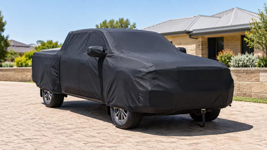 Black custom outdoor car cover strapped down on a ute in a Perth driveway